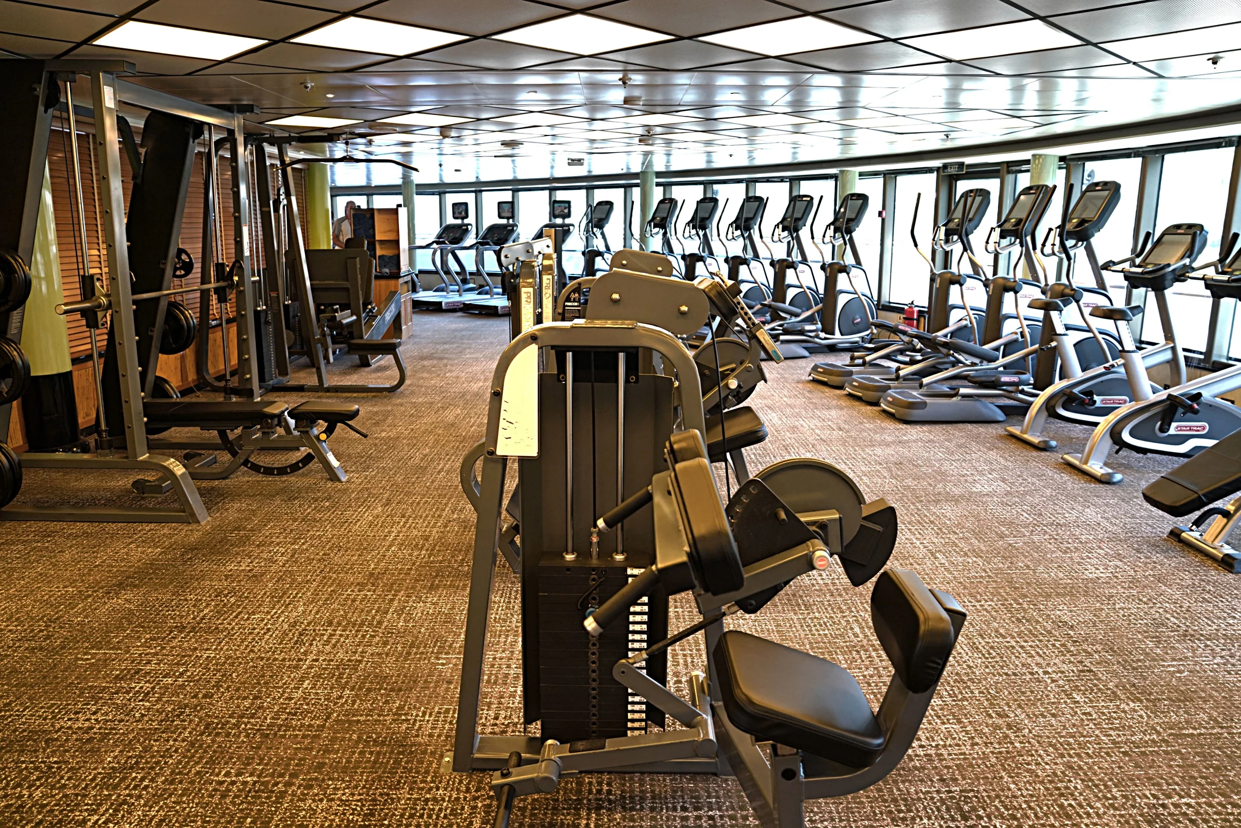 Plenty of equipment for an aerobic and strength workout.