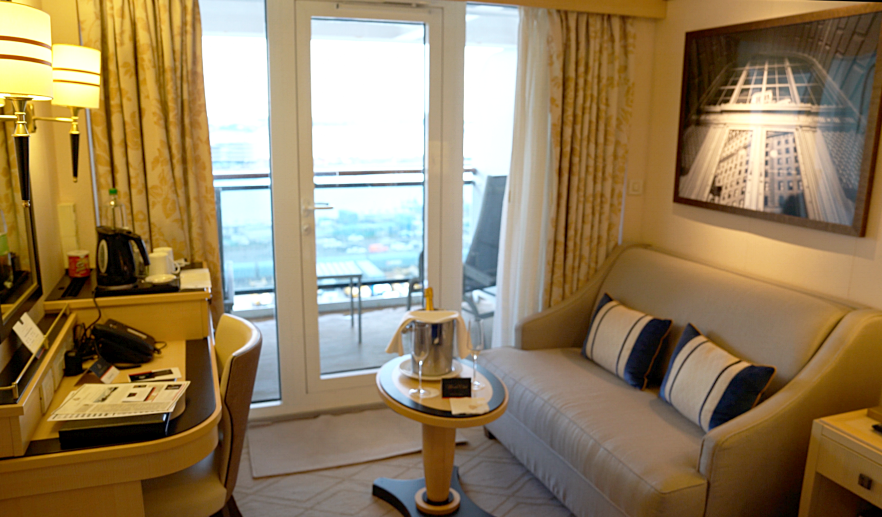 The lovely new sofa and dressing table, looking out to the glass-fronted balcony.