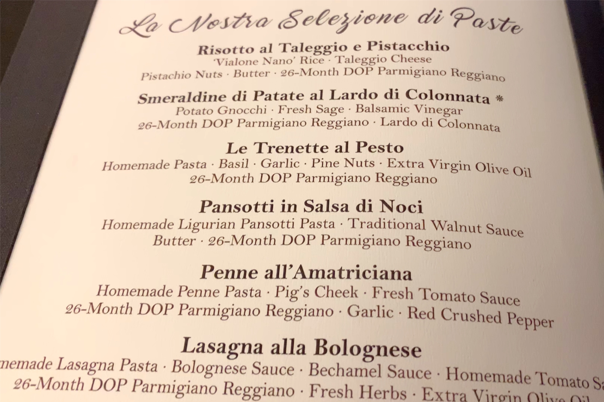 La Terraza pasta choices.