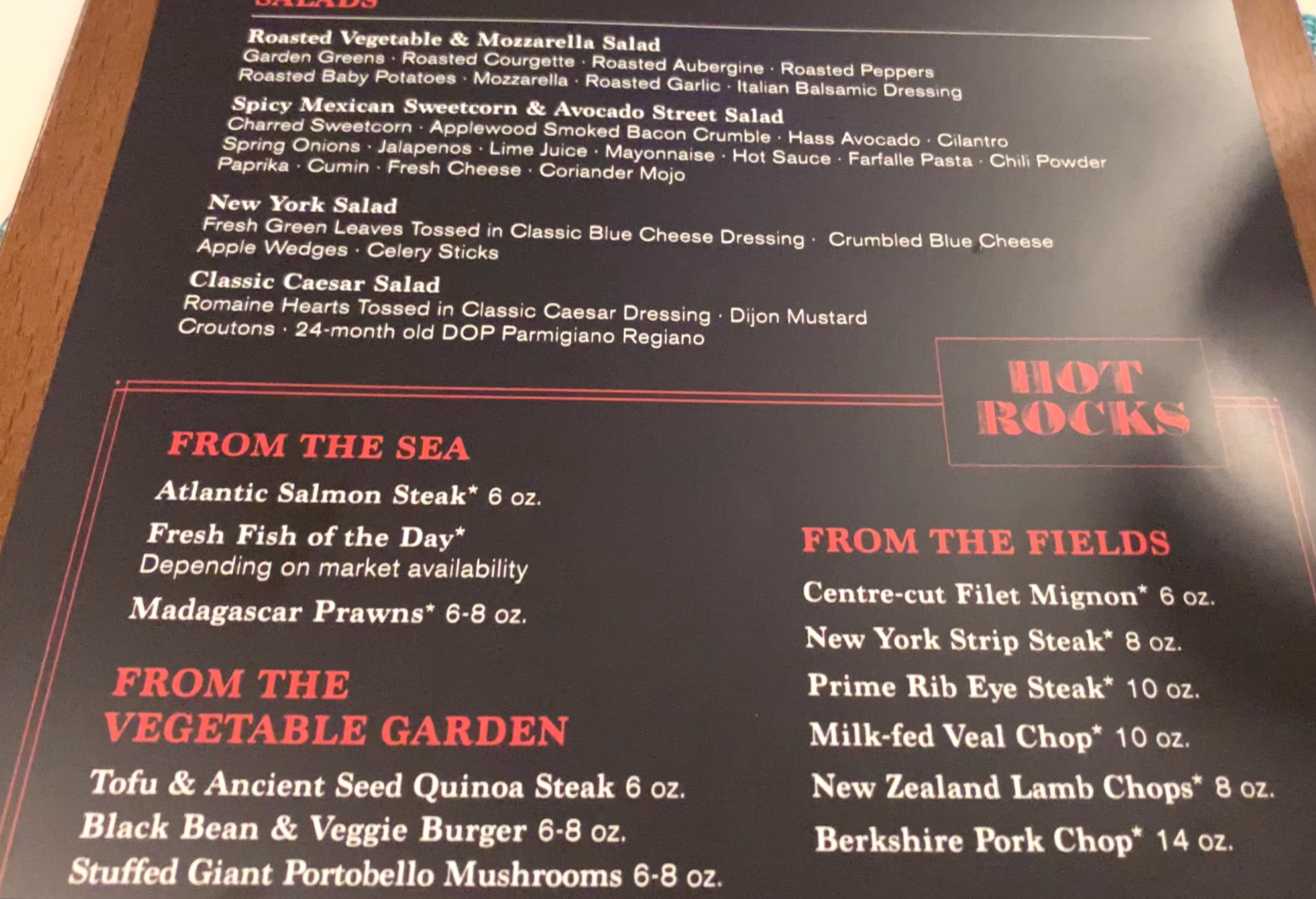 Hot Rocks evening menu.
