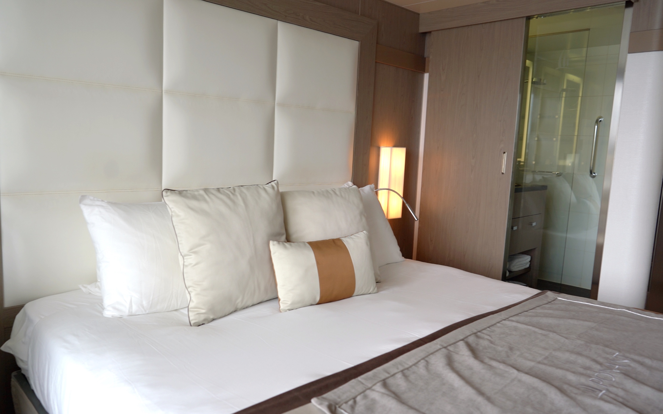  Comfortable looking bed - you can see the glass wall to the shower room. 