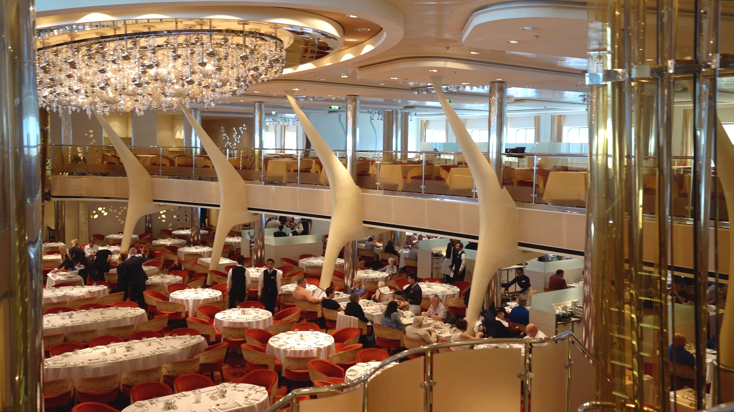 The two tiered dining room viewed from the mezzanine.