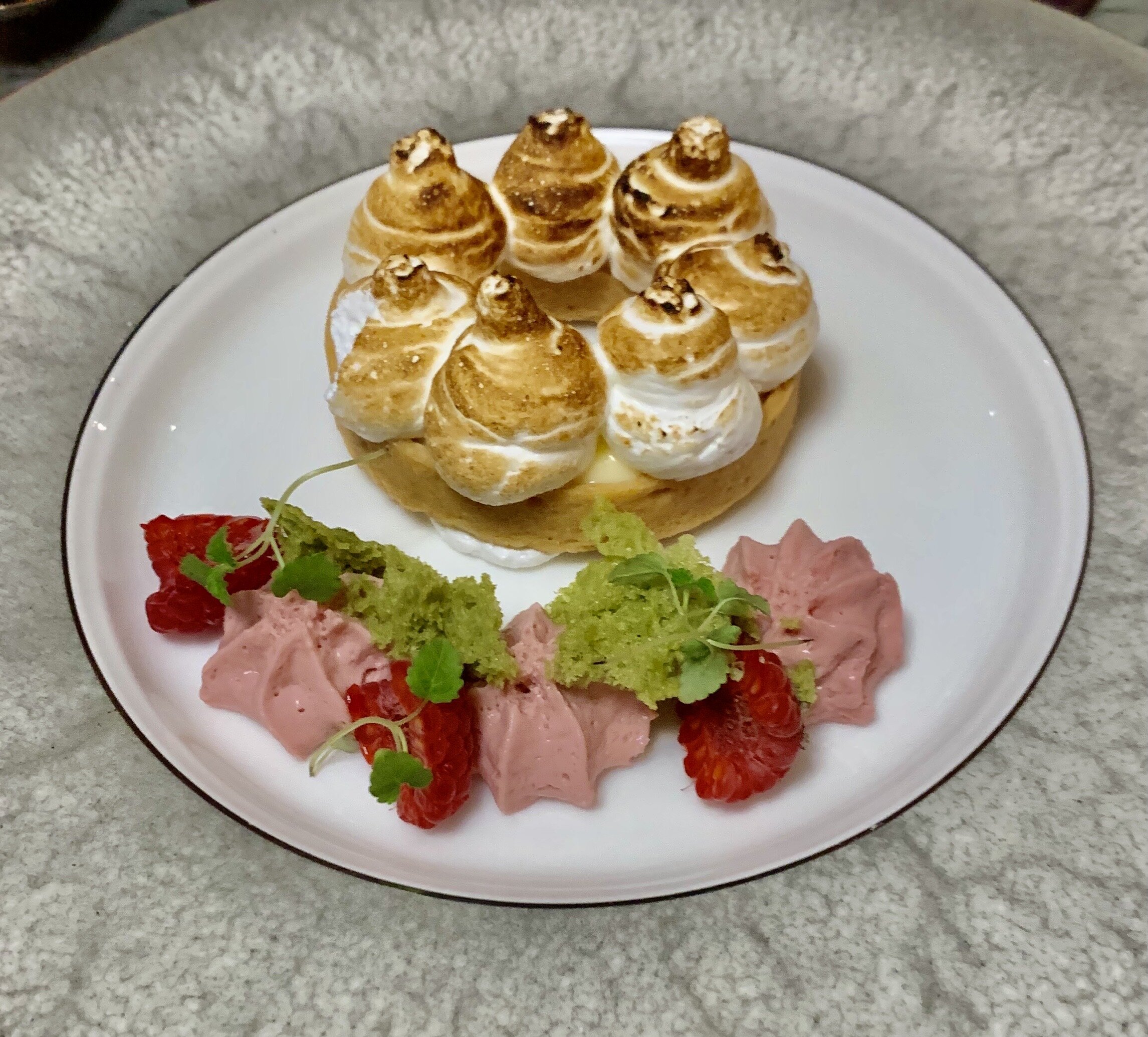 We shared the ample sized lemon meringue tart with raspberry cremeux and pistachio sponge  