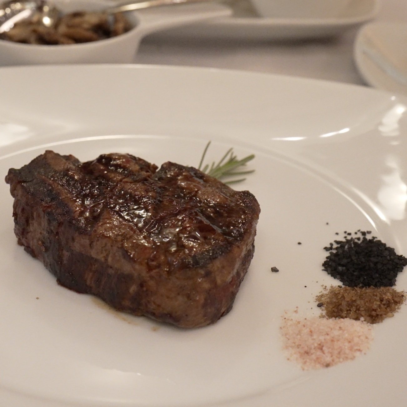 Perfectly cooked filet mignon with a trio of salts
