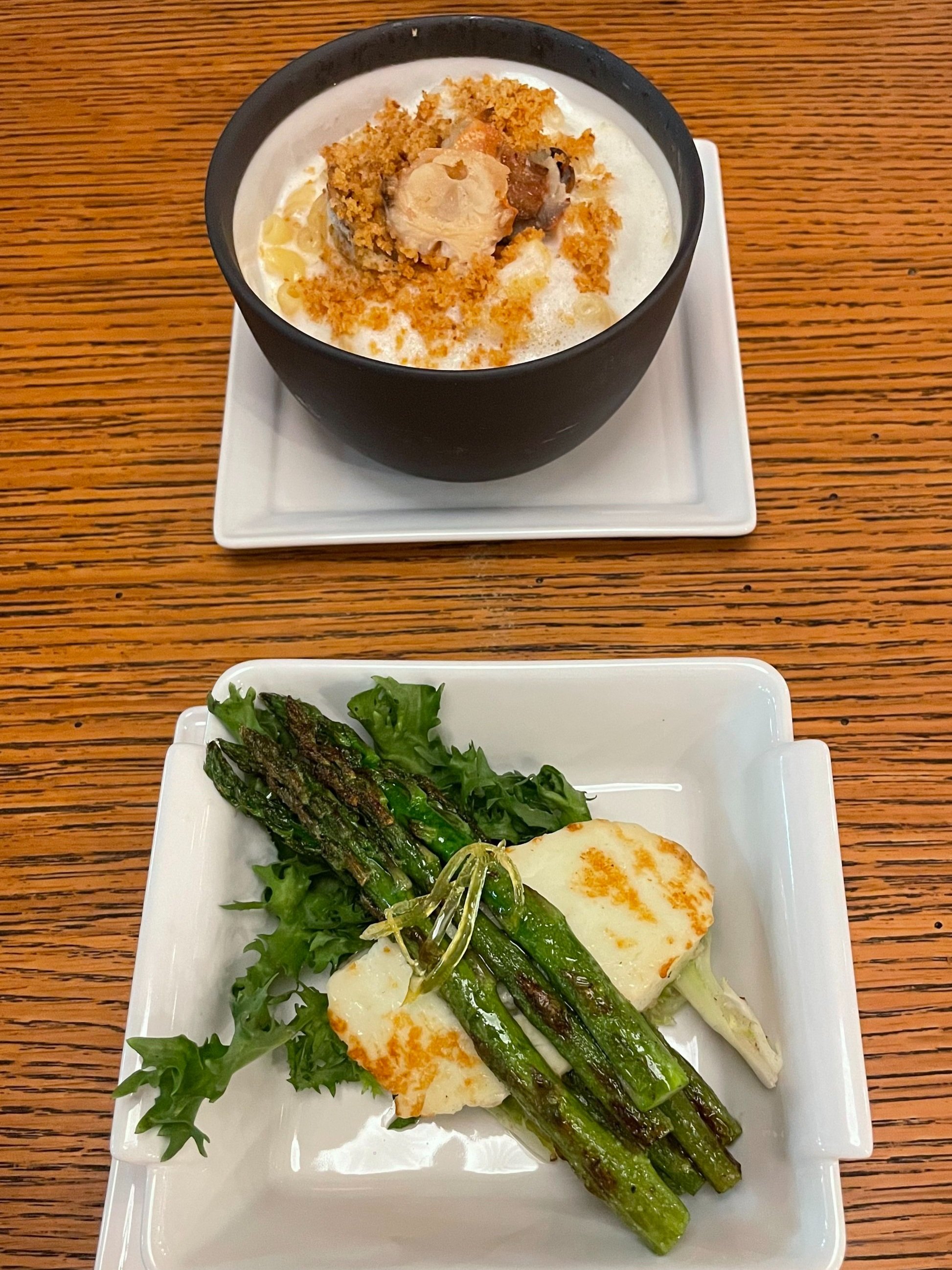 The lobster mac and cheese and halloumi with asparagus