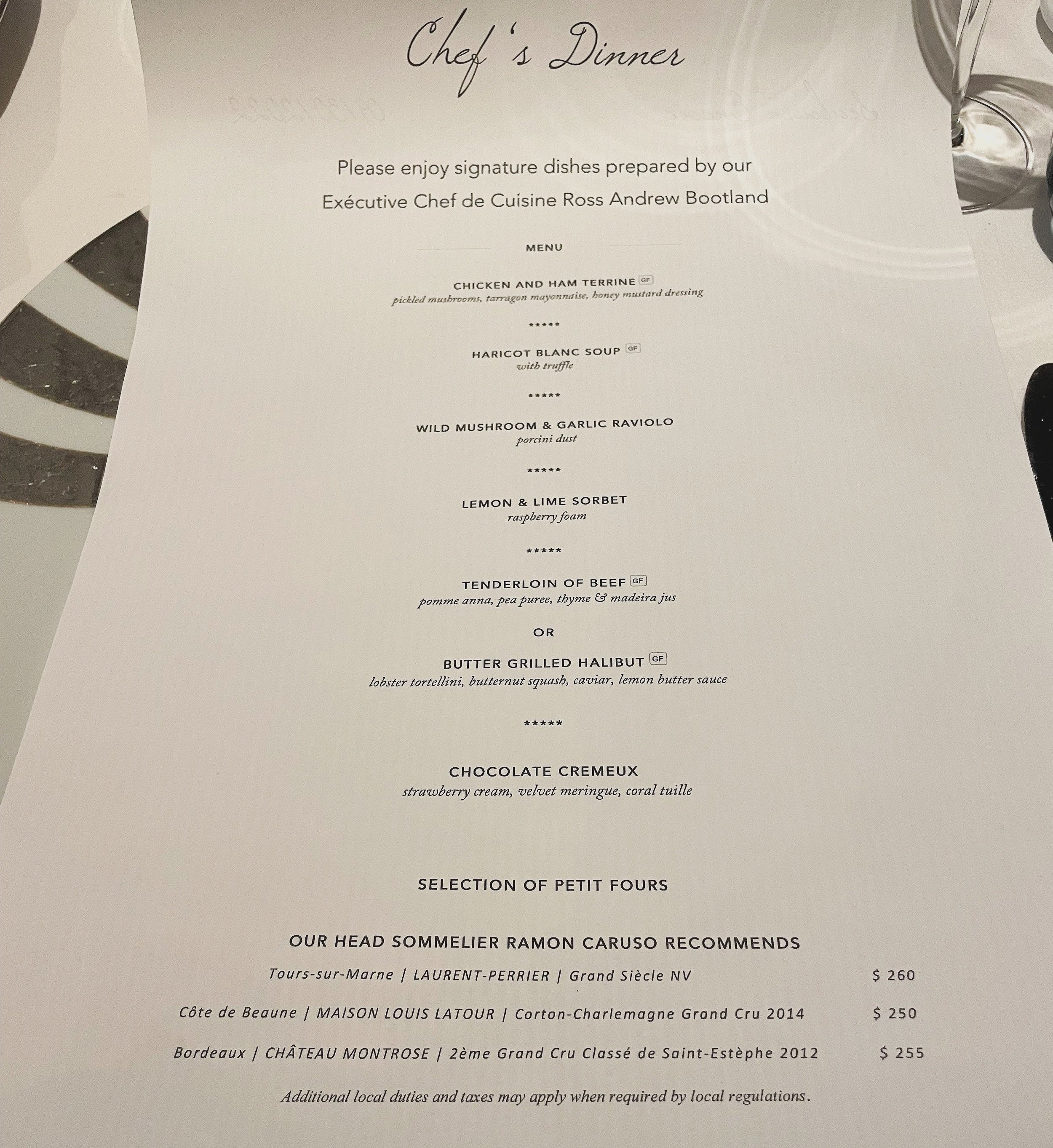 Chef's dinner menu