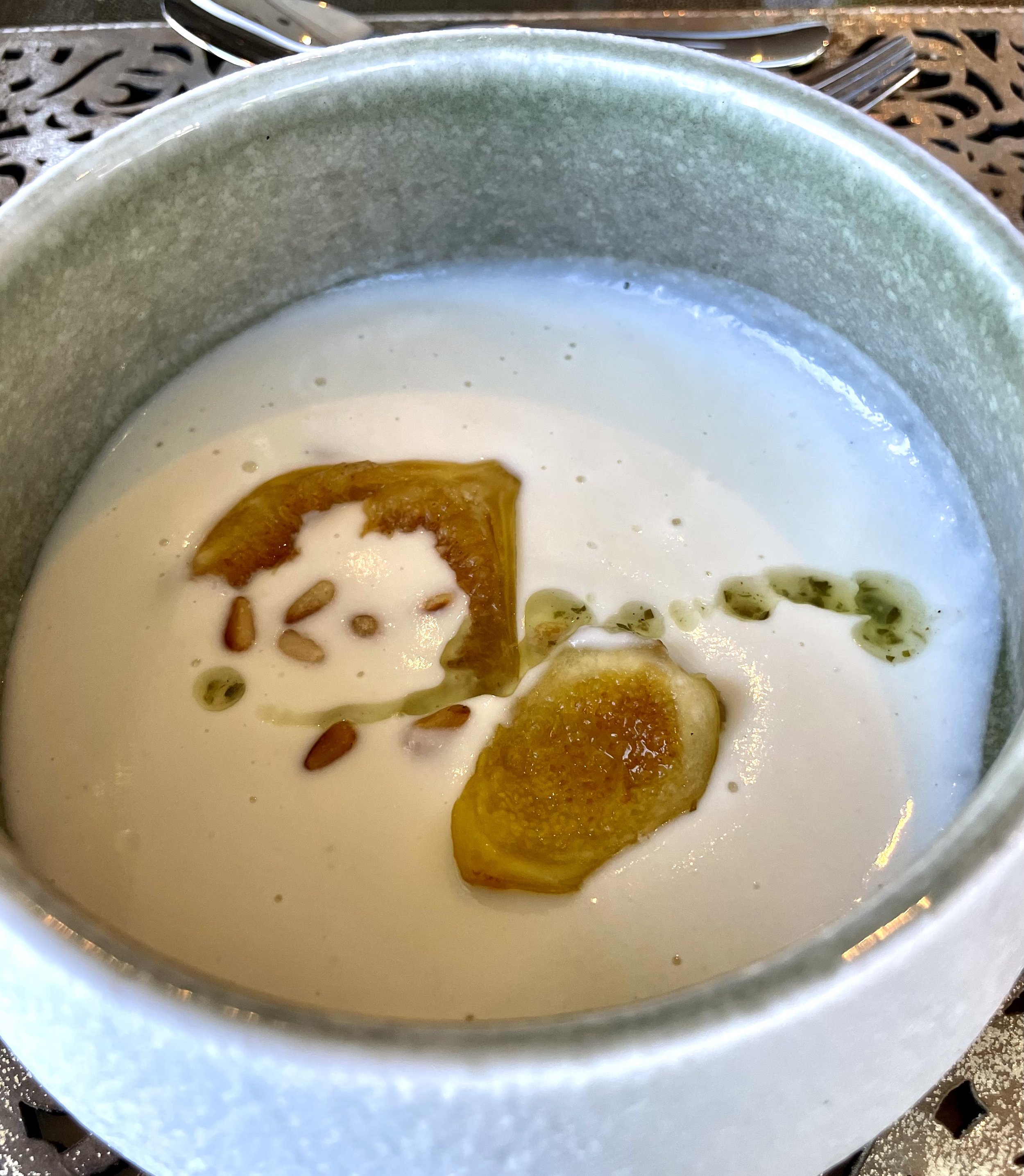  Chef's Table ‘Tease the Senses’ - cauliflower veloute with marzipan, figs, peanuts &amp; ginger oil 