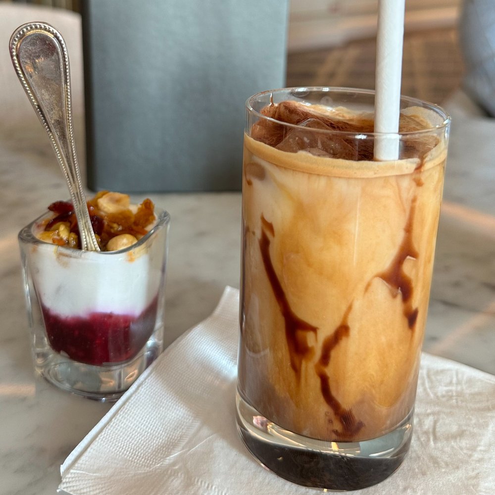 Iced coffee and a mini parfait