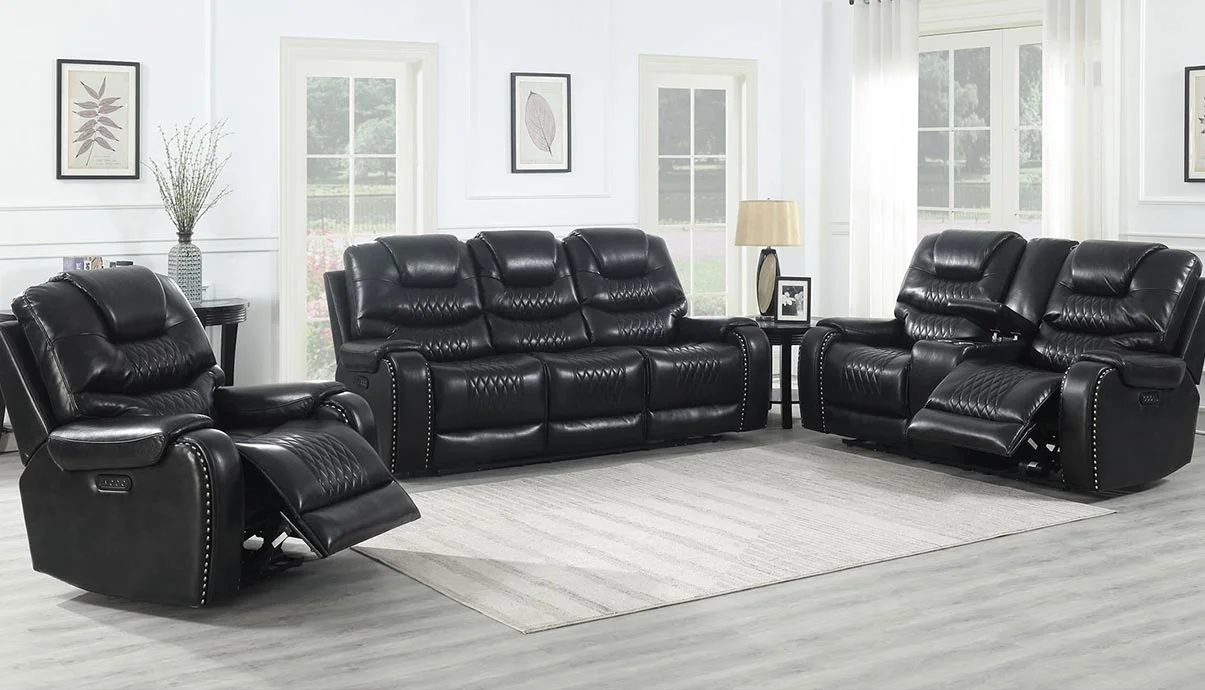 WAREHOUSE PRICE: $2699.99 | MONTHLY PAYMENT $57 O.A.C BLACK POWER RECLINING SOFA AND LOVESEAT