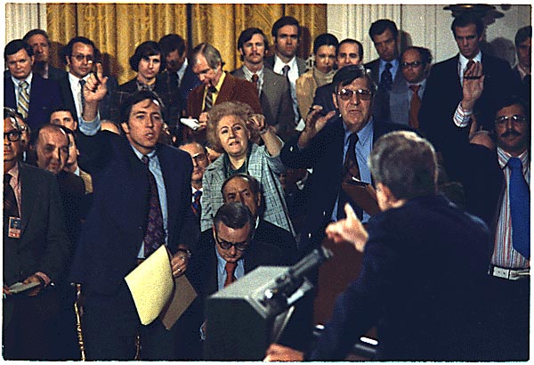 Journalists question President Richard M. Nixon during a Watergate press conference—Oct. 26, 1973. White House Photo Office Collection.