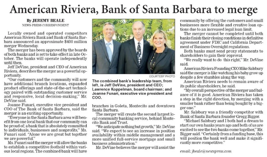 American Riviera Bank, Bank of Santa Barbara to merge