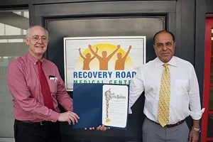 The city of Santa Barbara honored Recovery Road Medical Center co-founders Dr. Joseph Frawley, left, and Dr. Sherif El-Asyouty to celebrate the company’s 10-year anniversary.