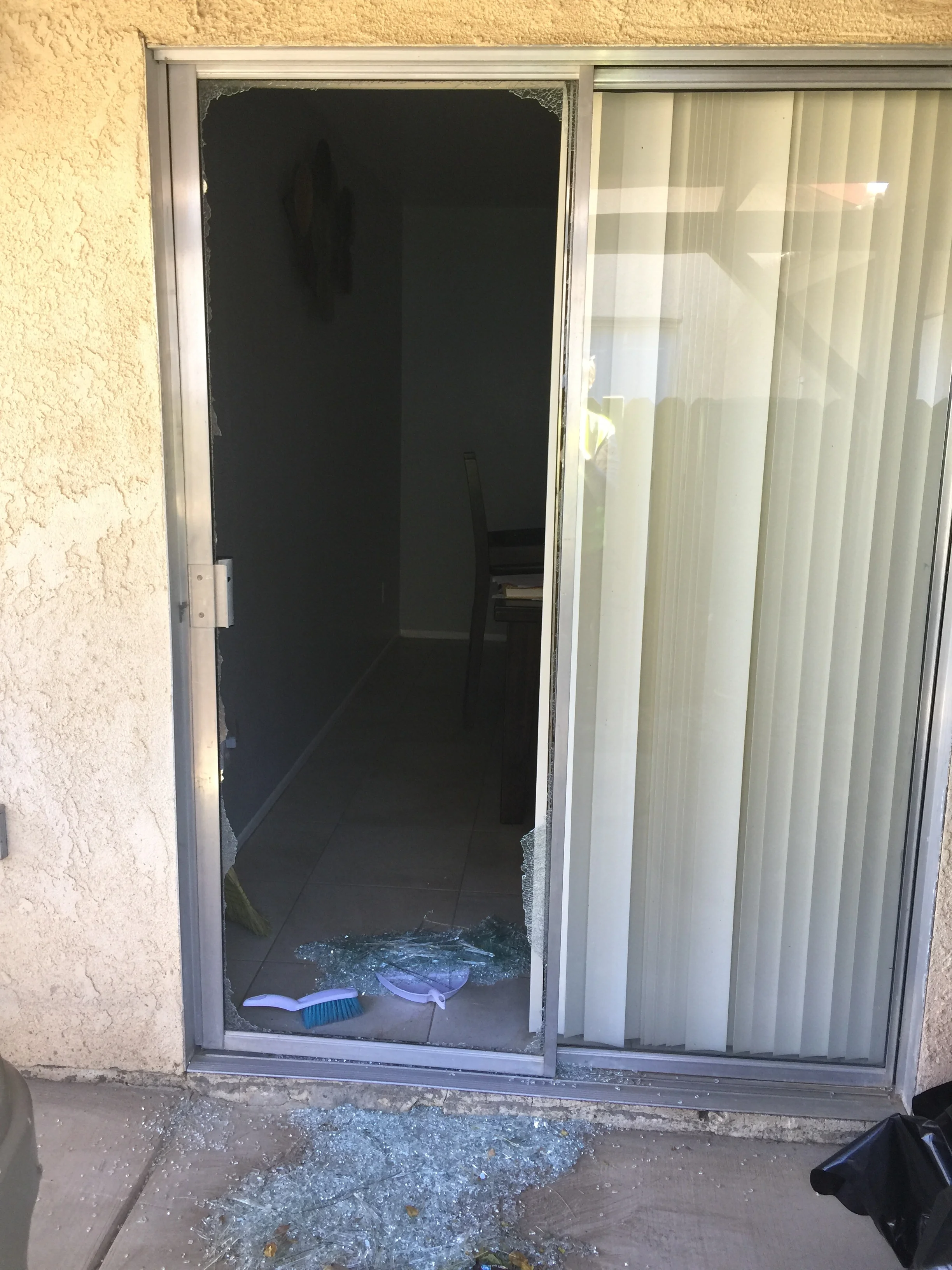 Broken glass, board-up needed. 