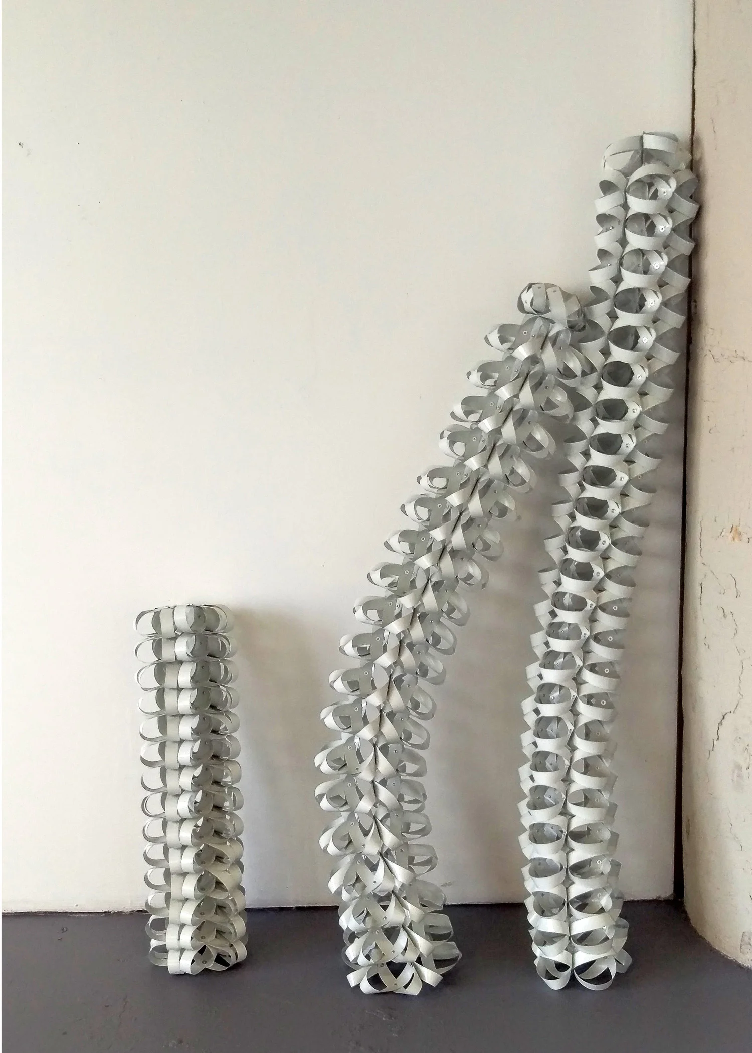 Blind Adjustment 7, 2, 3, aluminum blind slats, aluminum rivets, height 30", 60", 70" respectively; dimensions variable 