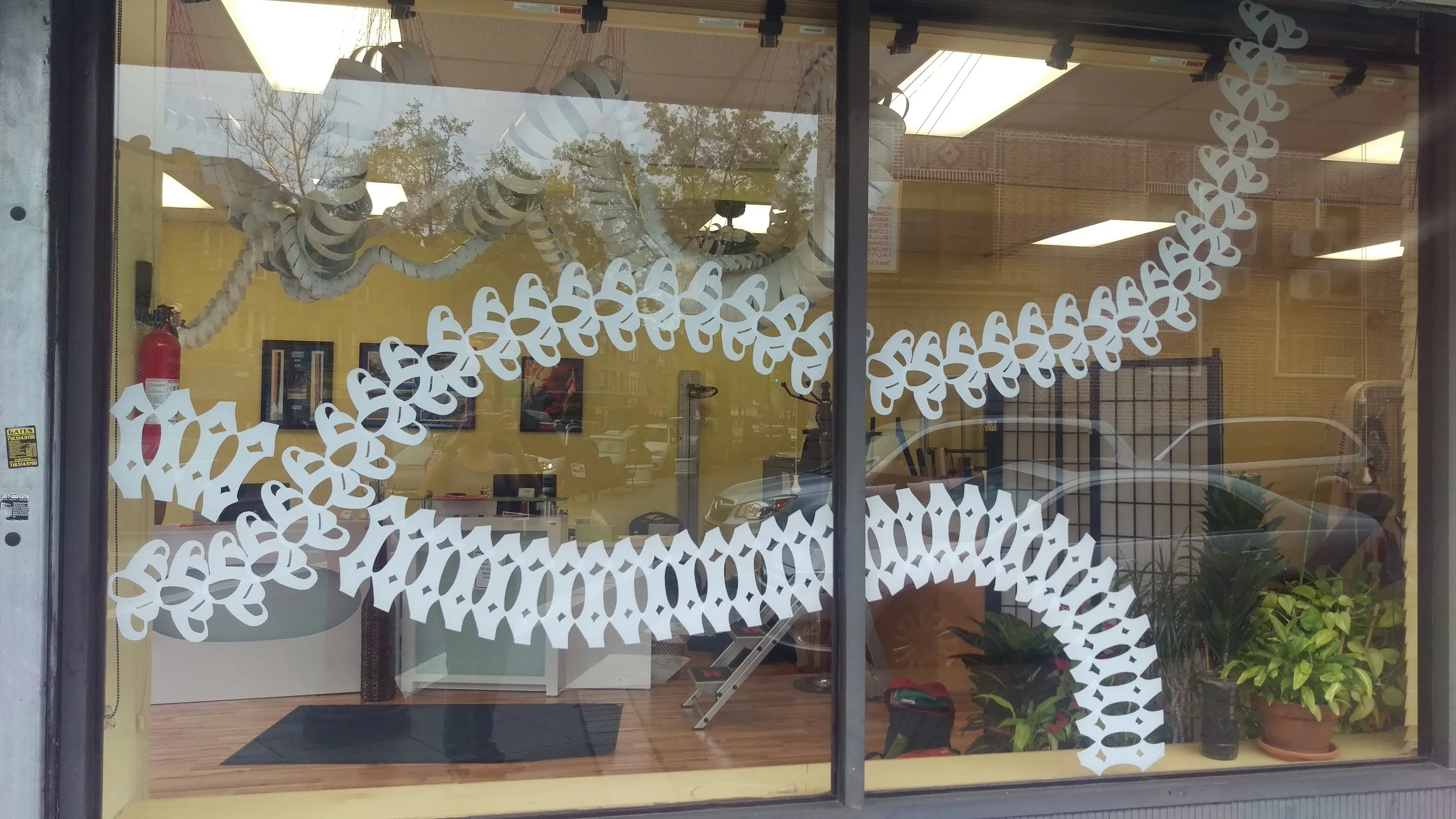 Blind Propagation 1 , 2016, hand cut adhesive fabric, 24'x6' (in 4 panels). This project began as a two dimensional variation on the Blind Adjustment series installation at Bay Ridge Saw 2016. a local Brooklyn arts initiative bringing art into the public sphere. B.P 2 and B.P 3 are created from the waste of the previous work.