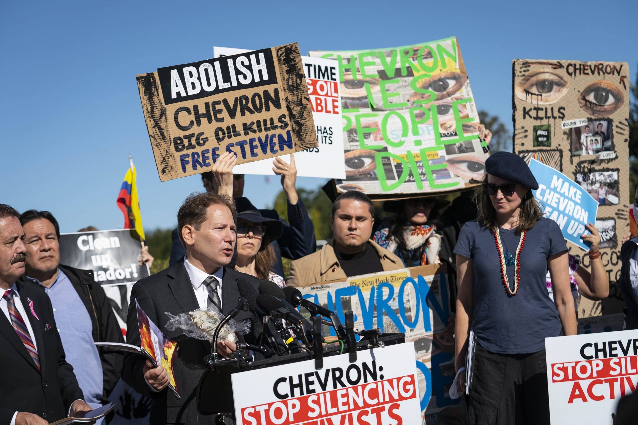  Paul Paz y Miño, Associate Director at Amazon Watch, participates in a press conference demanding Chevron stop targeting activists outside of the U.S. Capitol in Washington, DC on Wednesday October 27, 2021. 