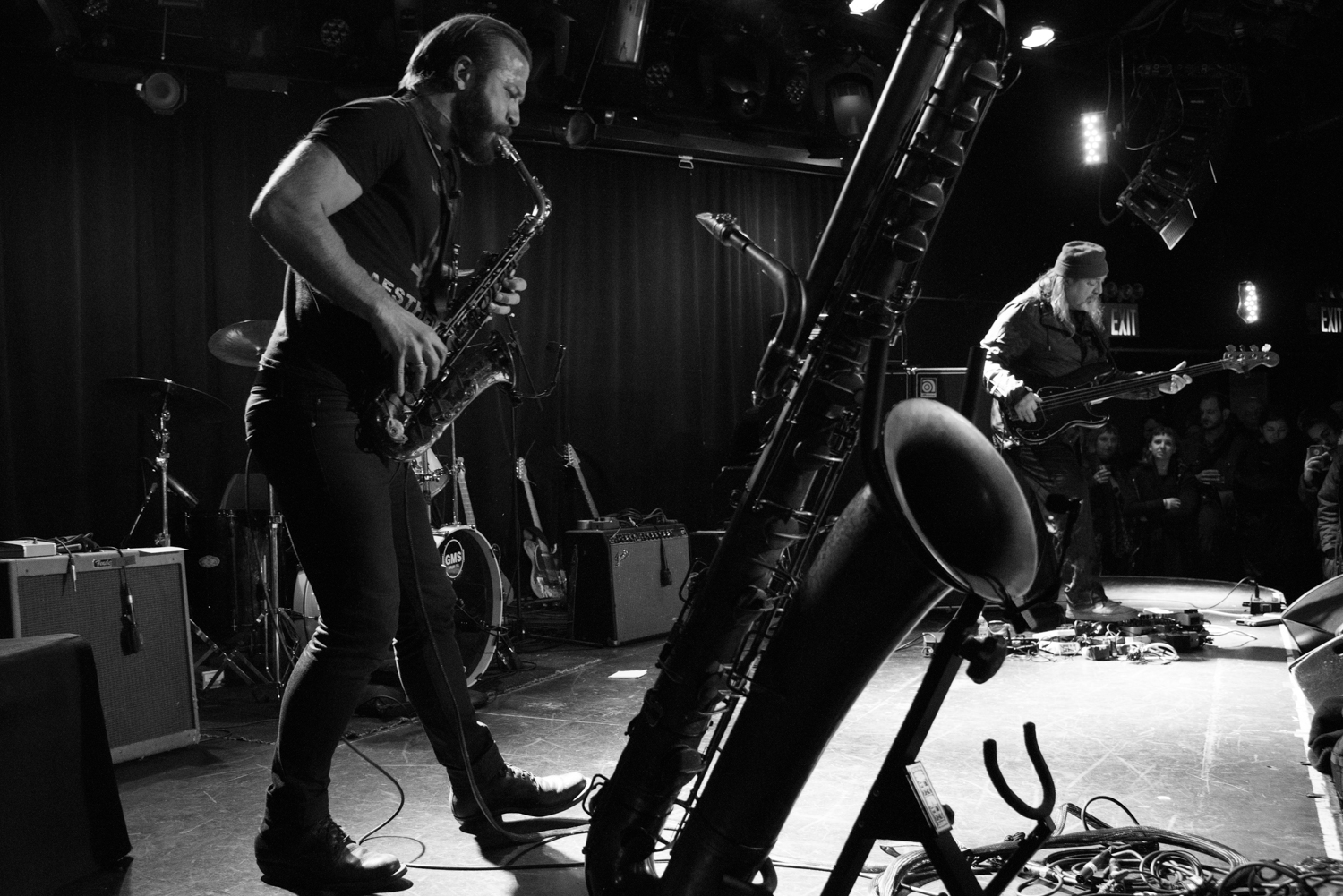 Colin Stetson on saxophone and Bill Laswell on electric bass, performing at (Le) Poisson Rouge on Wednesday night, January 13.