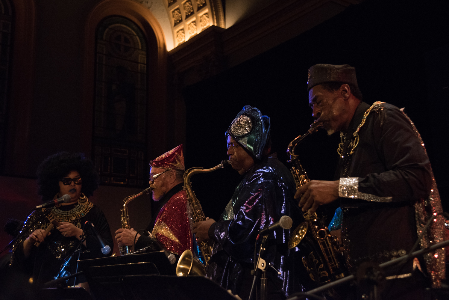 Sun Ra Arkestra directed by Marshall Allen - Tara Middleton (voclas), Marshall Allen (alto sax), James Stewart (tenor sax) and Knoel Scott (tenor sax) performing at Judson Church, January 16.