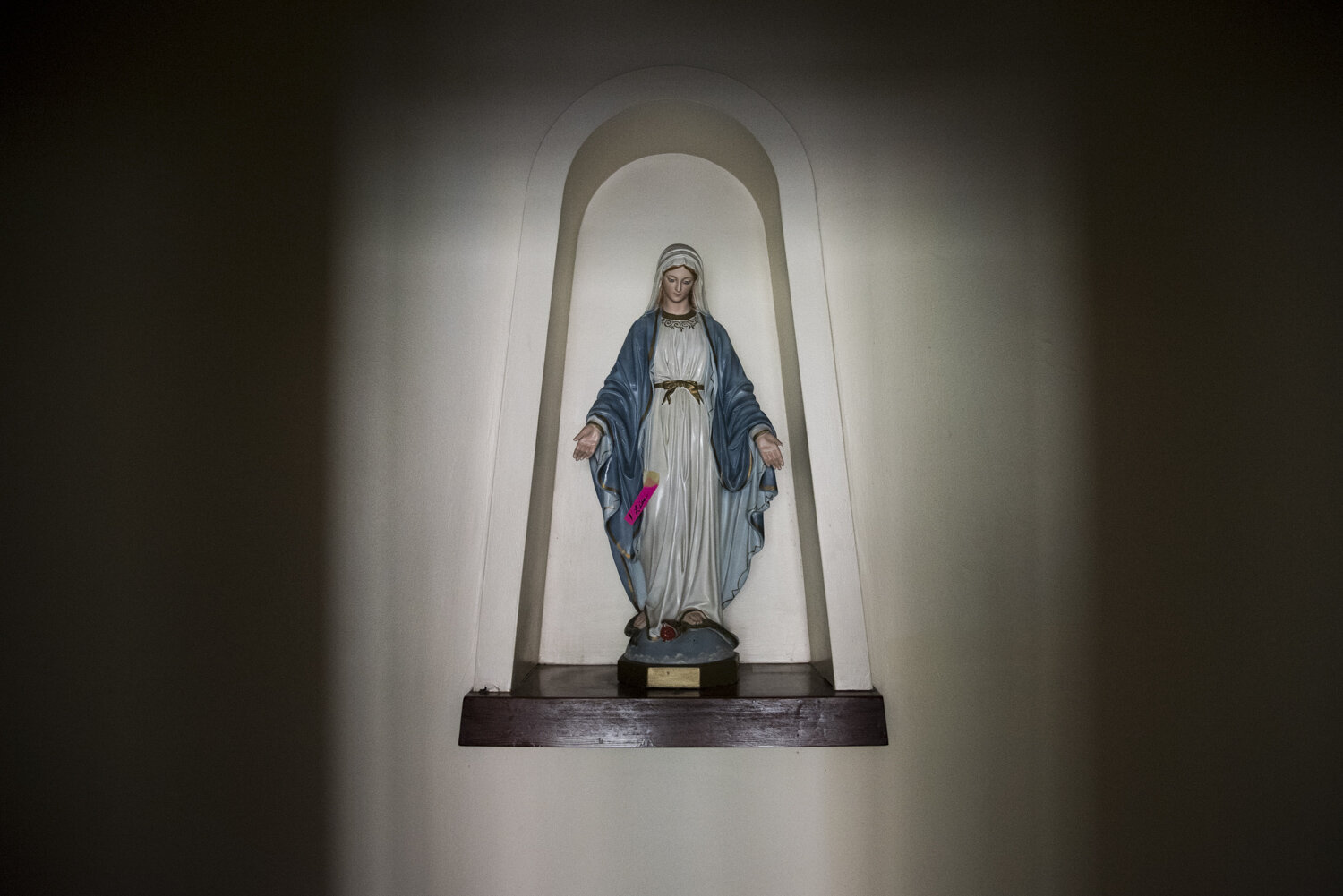 Statue of Our Lady with a pink label.    St. Anthony's Convent, Soho, NYC, May 18, 2018 