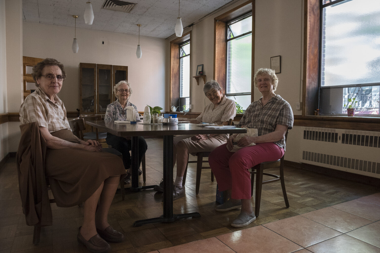  Sisters Rita, Lois, Gloria and Kathie at the dining room.  St. Anthony's Convent, Soho, NYC, May 29, 2018 