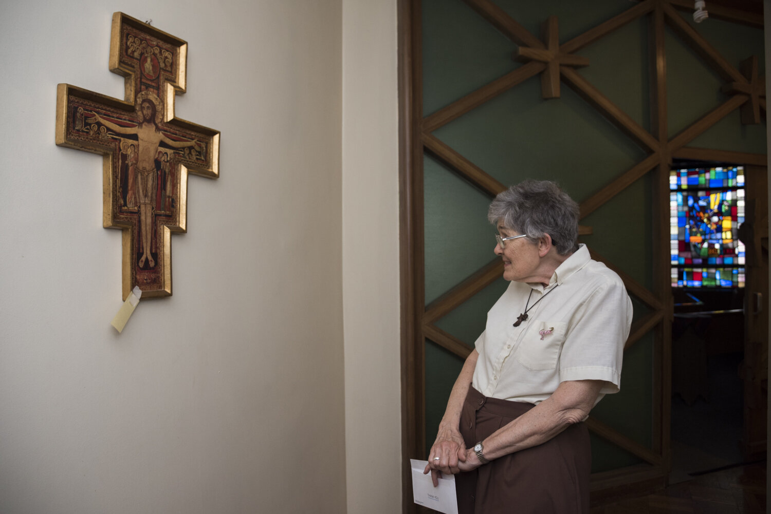  Sister Gloria admiring San Damiano Cross.  St. Anthony's Convent, Soho, NYC, May 24, 2018 