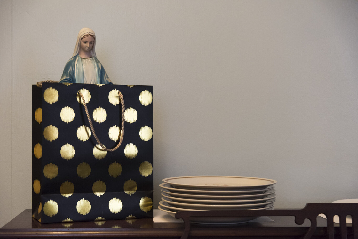  A statue of Our Lady in a gift bag awaits her new destination.  St. Anthony's Convent's, Soho, NYC, May 18, 2018 