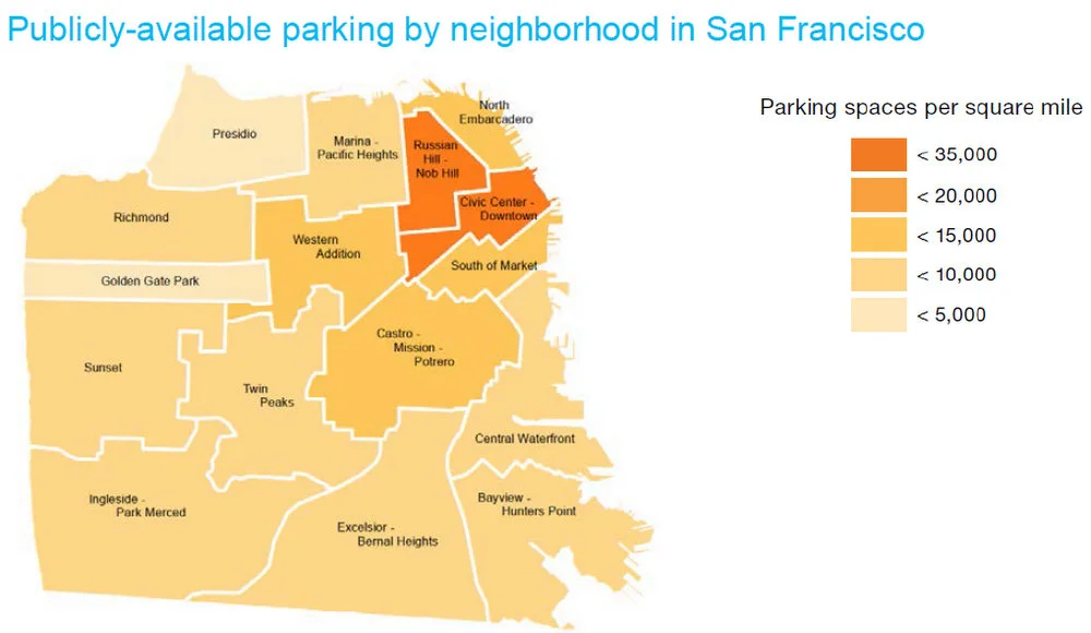 Availability of public parking spaces per square mile by neighborhood. Image: SFMTA, Streetsblog SF