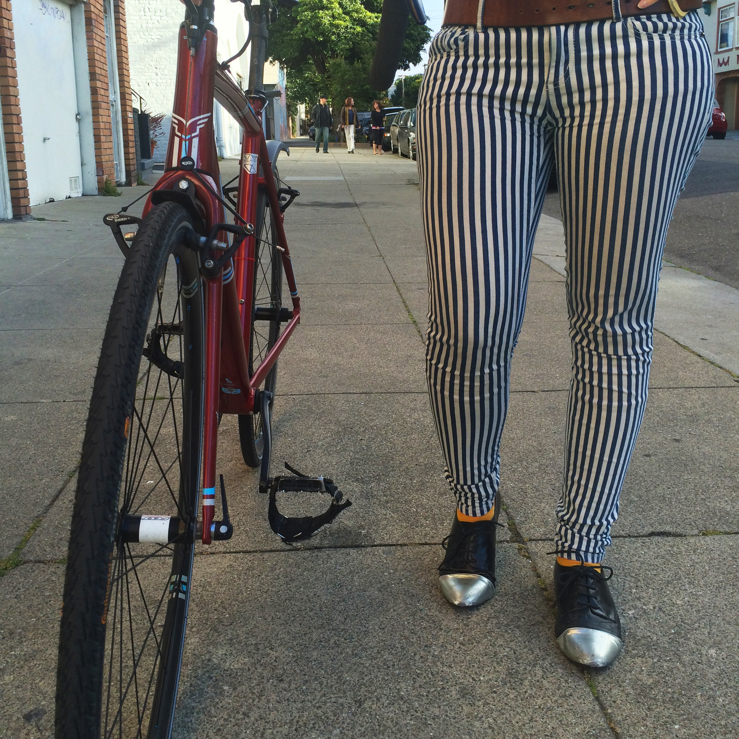 Make sure to keep about 2 feet between you and your bike. This will prevent any shin damage caused by your bike's pedals.