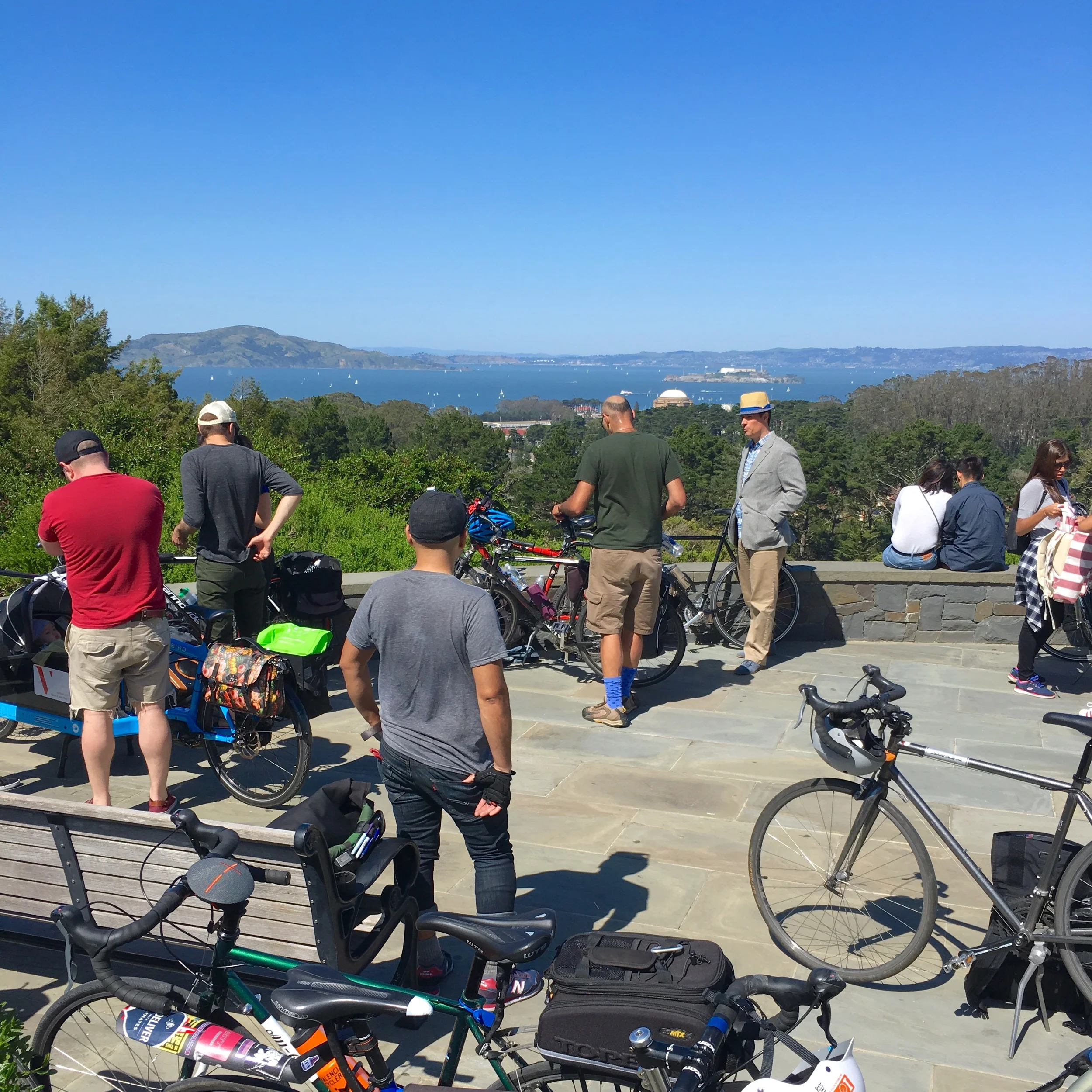 Catching our breath at the top of the Presidio Wall