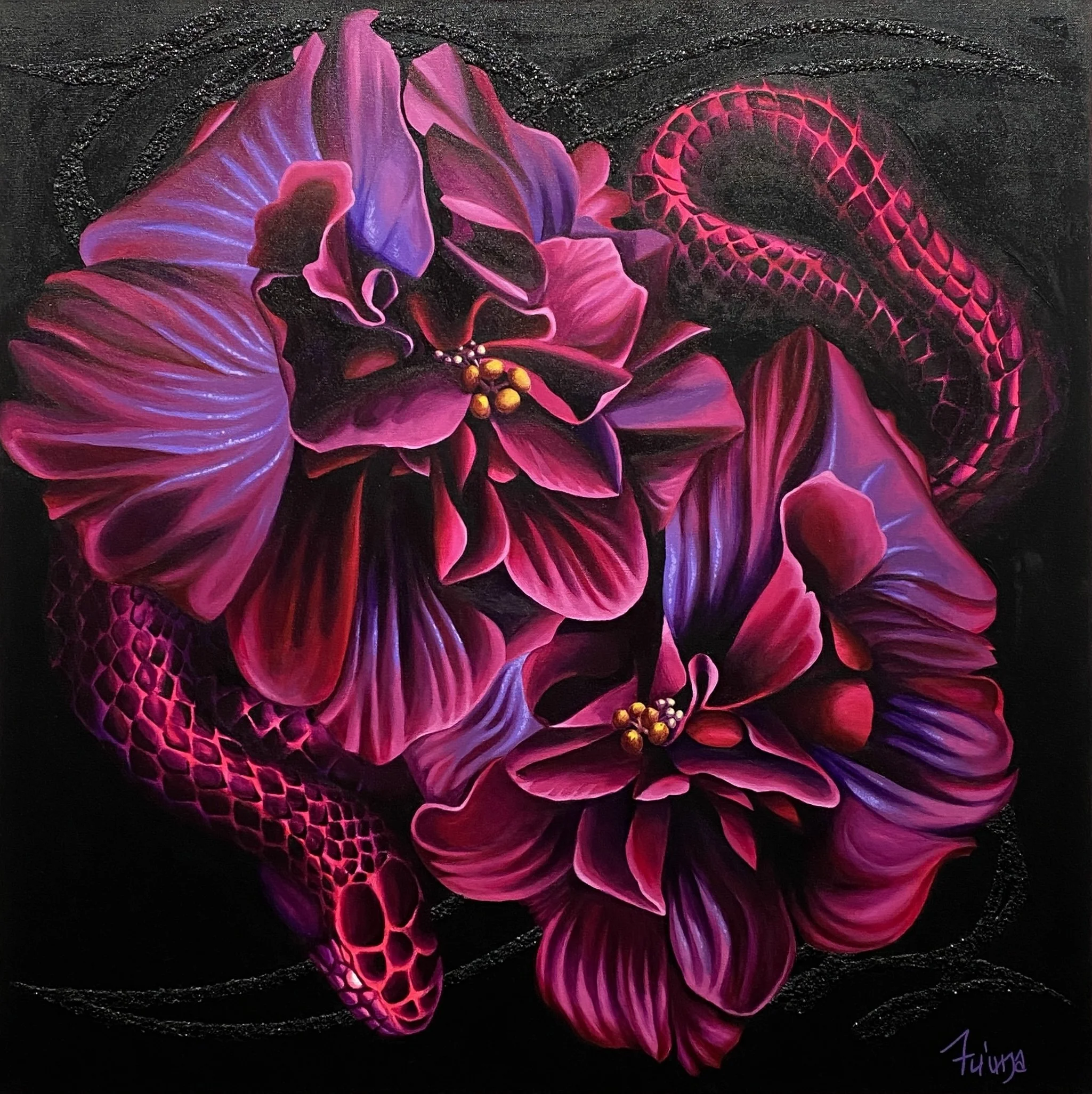 Quadruple Hibiscus, 2025. Acrylic and glitter on canvas.