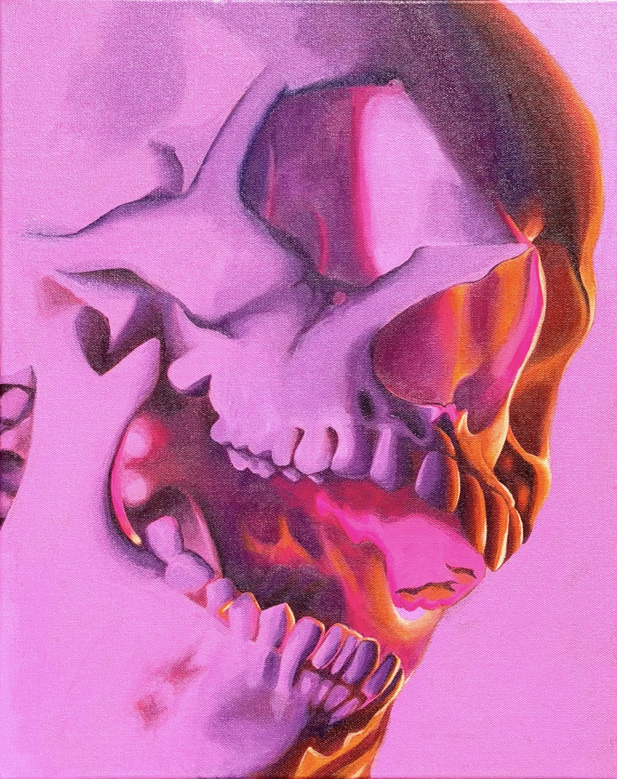 Pink Skull with Orange Highlight. 20x16, acrylic on canvas, 2026