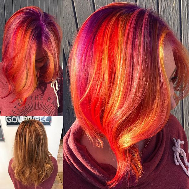 Radiant multicolored hair! by @julieoulie #beforeandafter #transformation #modernsalon #americansalon #woodlandhills #hairconcept2000 #orange #red #purple