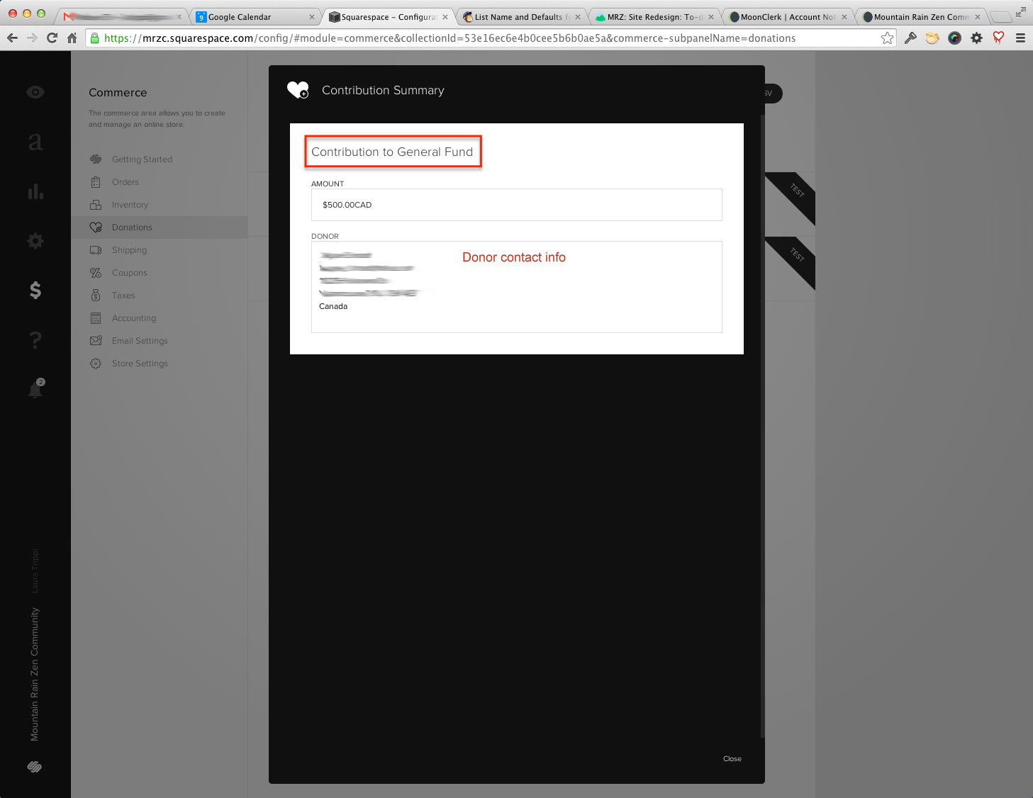 Donation Summary at MRZC / SqSp Store