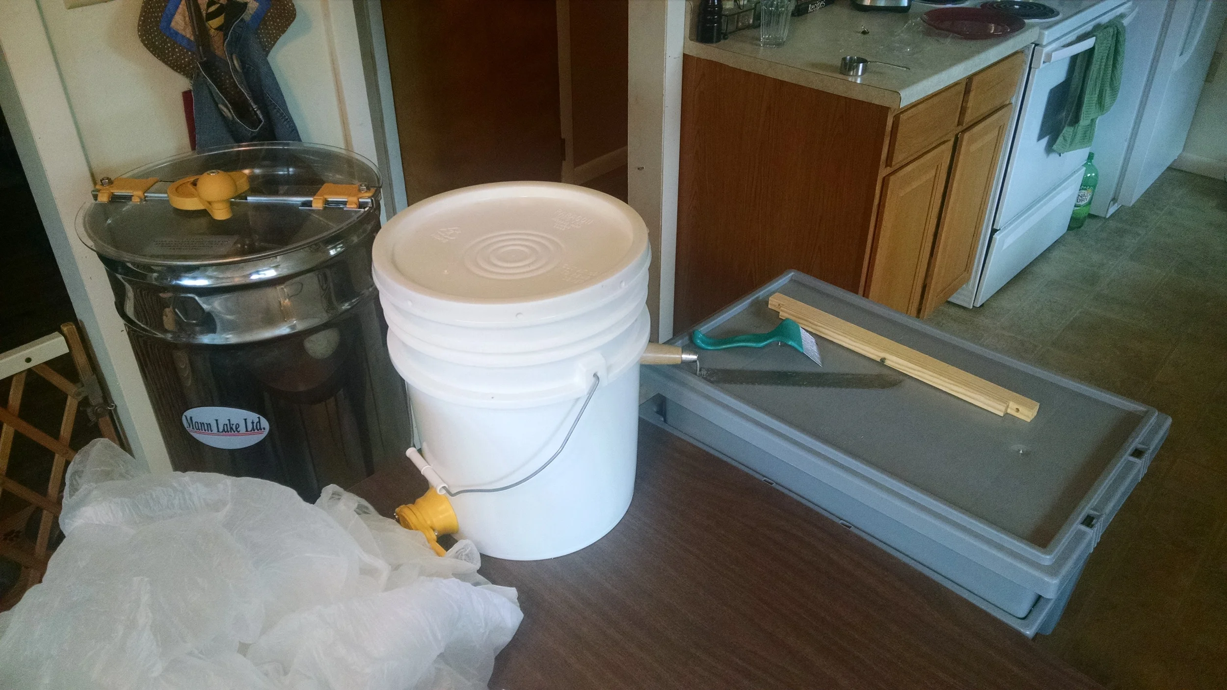 Getting equipment ready. Plastic jars (in the bag), extractor, 5-gallon bucket, and uncapping tank..