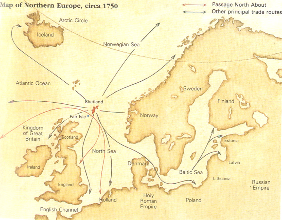 Map illustration from Alice Starmore's Book of Fair Isle Knitting (p.11) showing how Shetland was connected to other knitting rich areas of Northern Europe by sea trading routes.
