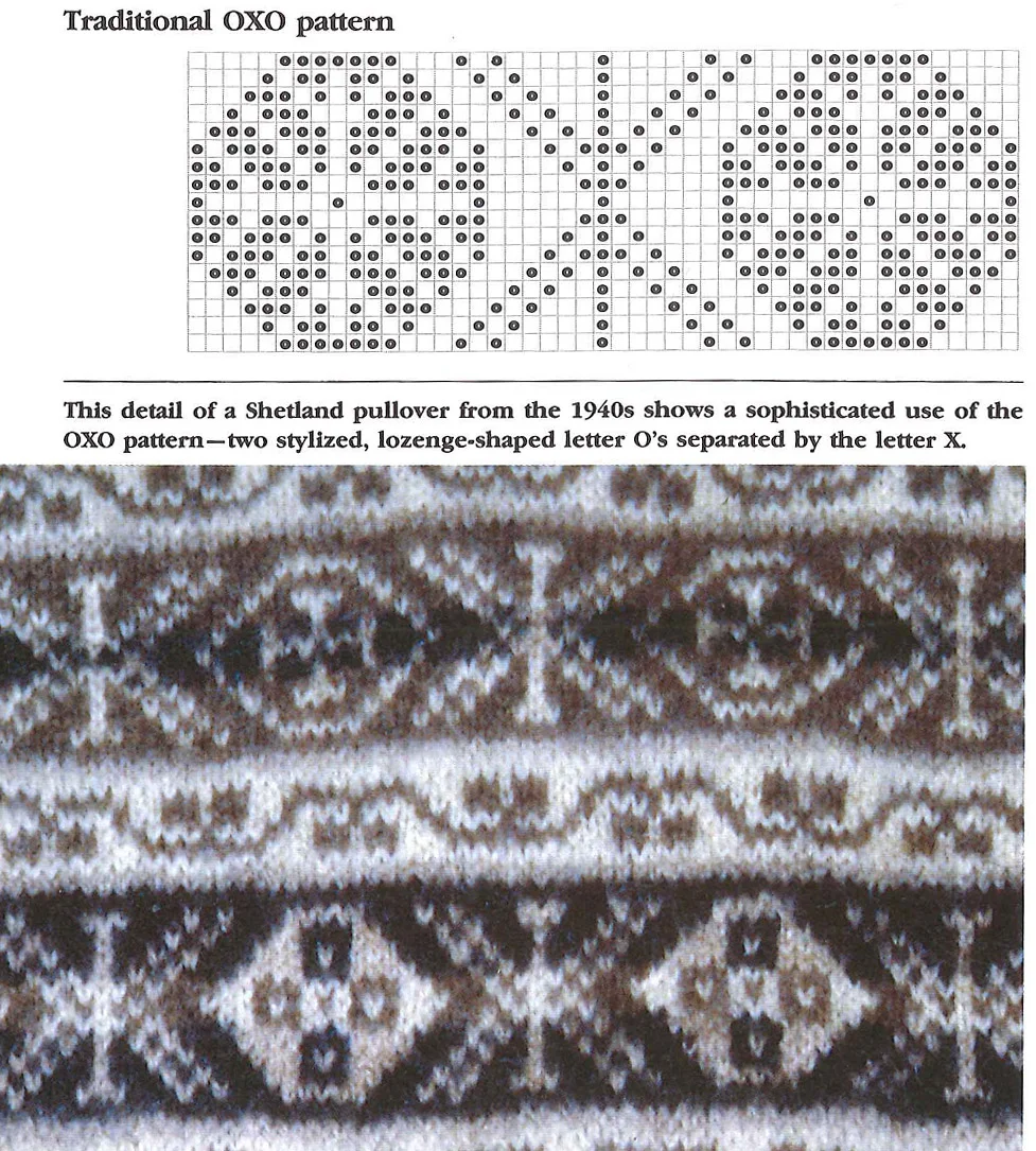 Excerpt from Alice Starmore's Book of Fair Isle Knitting showing traditional OXO pattern (p.12)