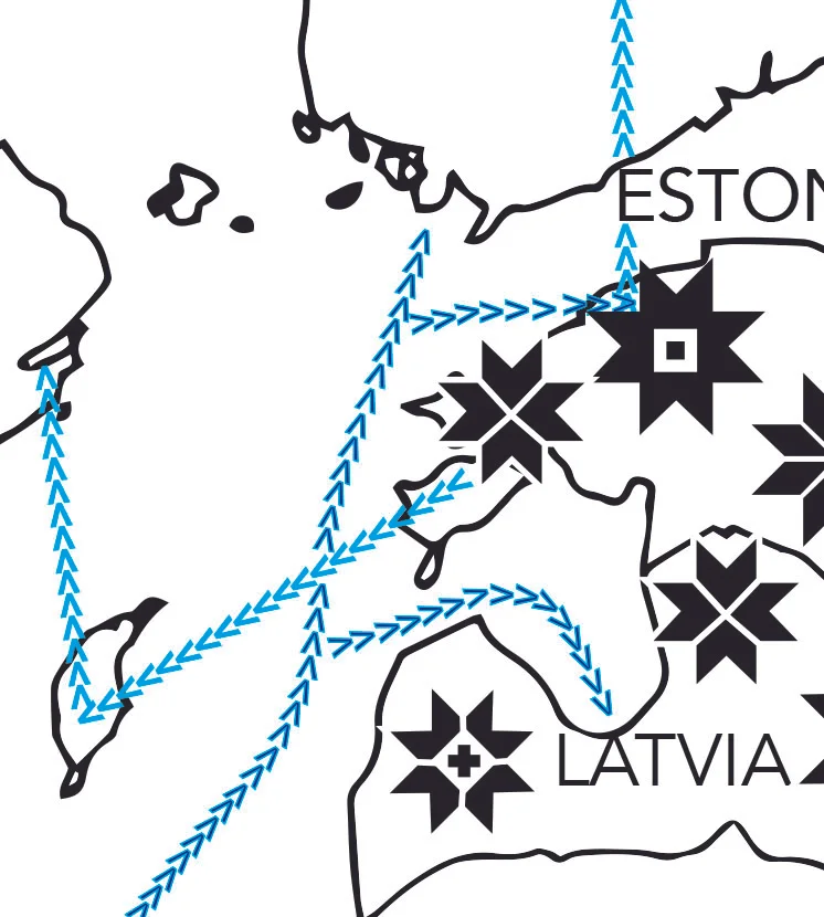 Lines/ routes made of v's to to mimic knitting stitches but also provide direction of movement. The Darker blue are routes from Shetland from a map from Alice Starmore's Book of Fair Isle Knitting and the lighter blue lines represent routes written about in Shelia McGregor's Traditional Scandinavian Knitting.