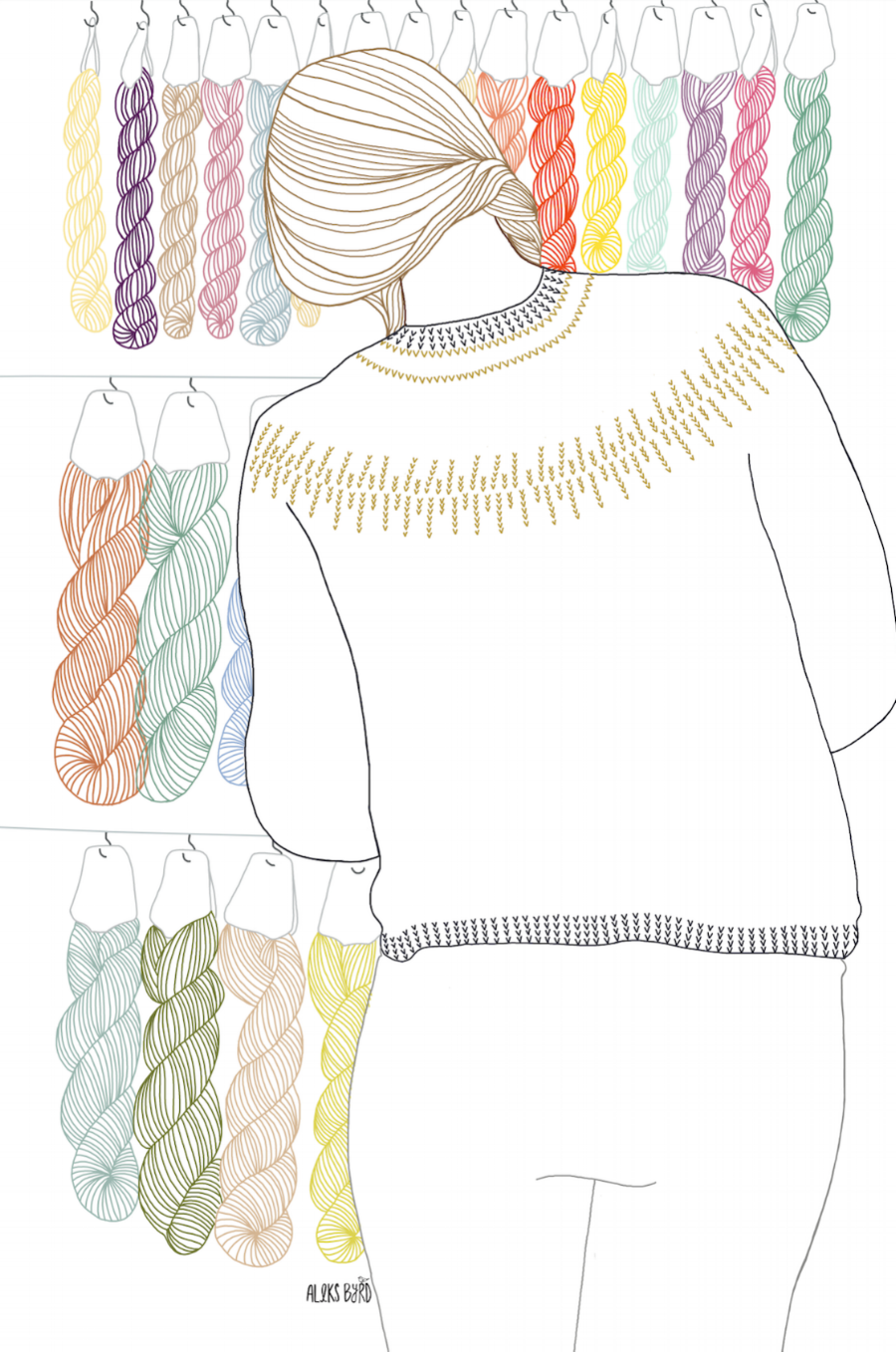 A quick illustration I made of a knitter shopping at The Little Grey Sheep's booth in a lovely yoke sweater.