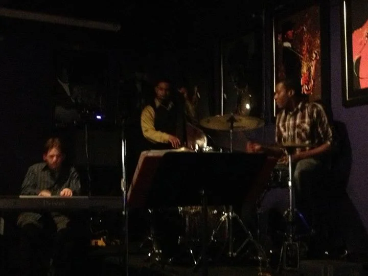Bert's Marketplace John Douglas Quartet l-r me, Ibrahim Jones, Alex White April 2013 photo by Mark Brown