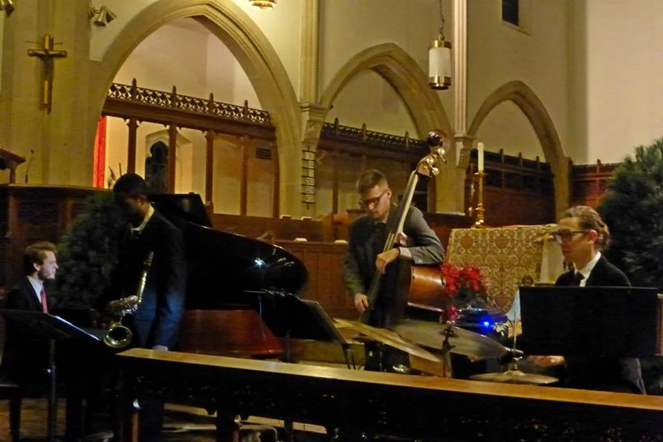 St Matthew St Joseph Episcopal Church Glenn Tucker's Jazz Nativity l-r: me, Stephen Grady, Ben Rolston, Jesse Kramer December 2015 photo by Mark Brown