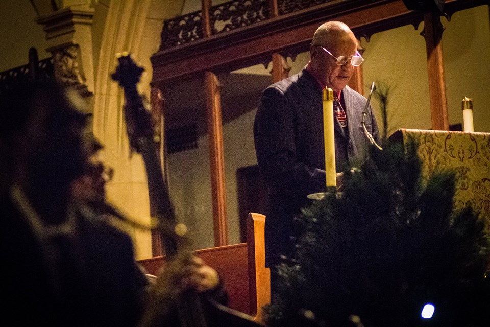 St Matthew St Joseph Episcopal Church Glenn Tucker's Jazz Nativity l-r: Stephen Grady, Ben Rolston, Rev. Daniel Aldridge December 2015 photo by Jeff Dunn