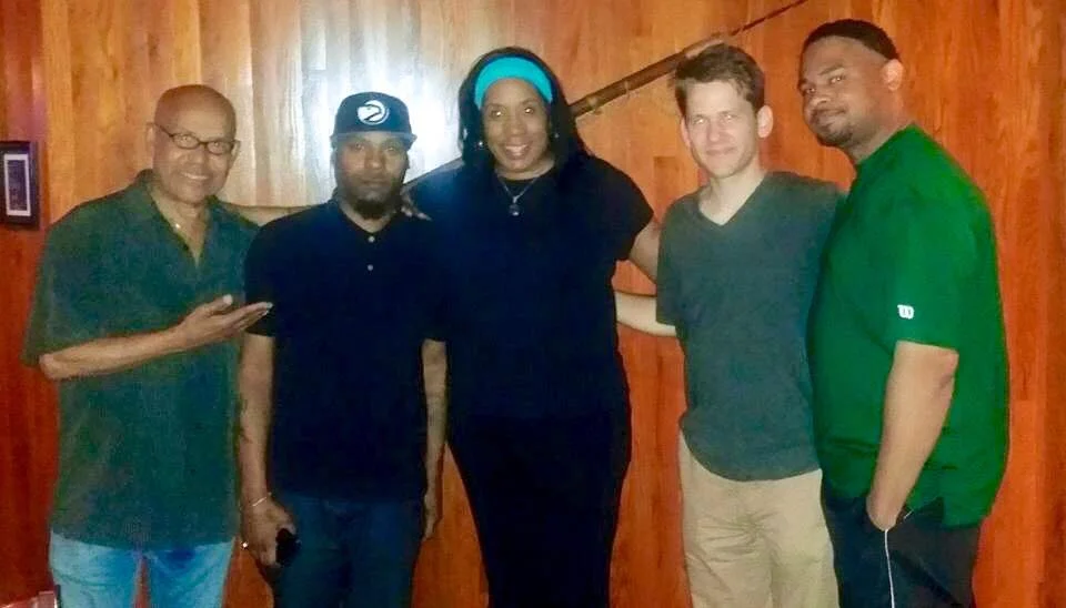 United Trumpet Summit Erie, PA l-r Dr. Eddie Henderson, Russell Gunn, Gayelynn McKinney, me, Ibrahim Jones August 2015