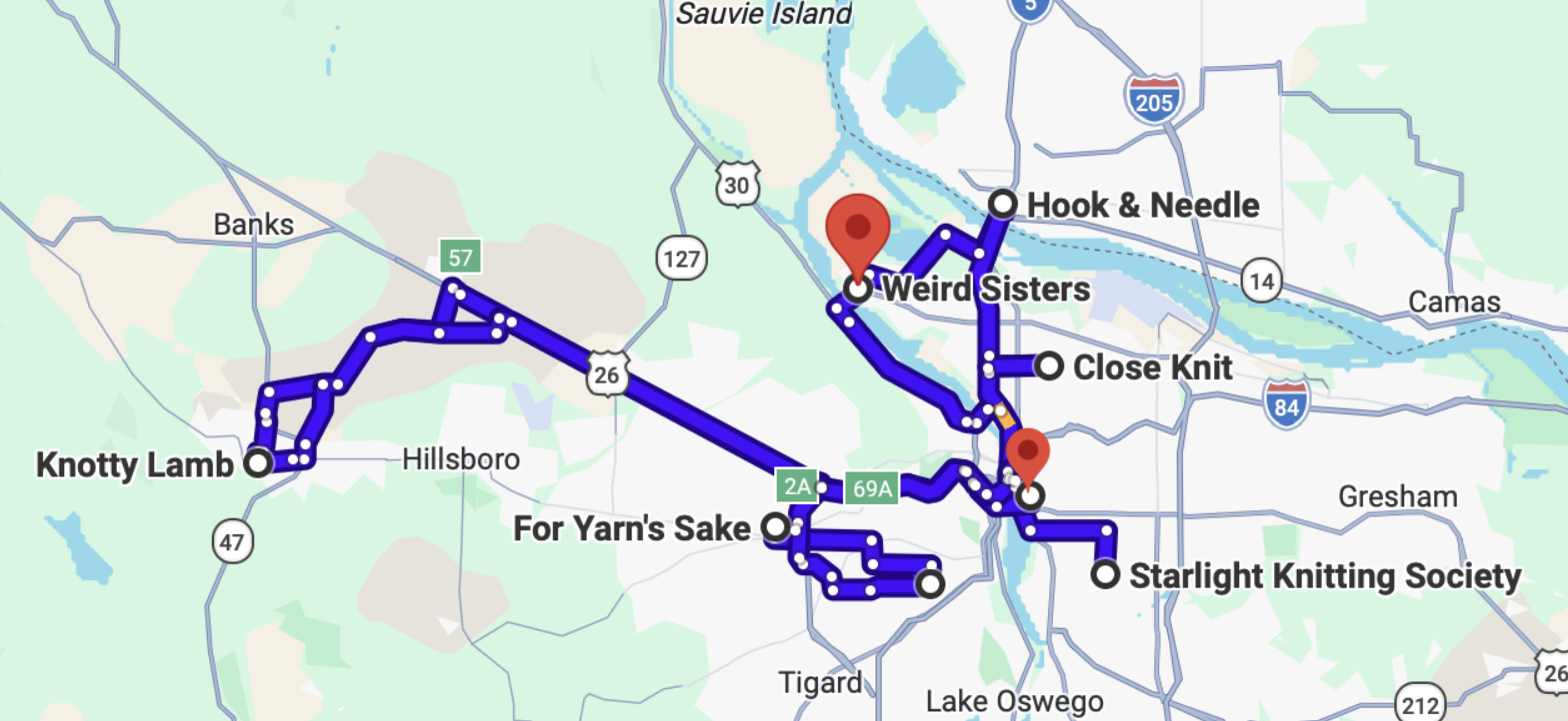 Map of pacific northwest centered on Portland, Oregon, highlighting the shop location participating in the yarn crawl.