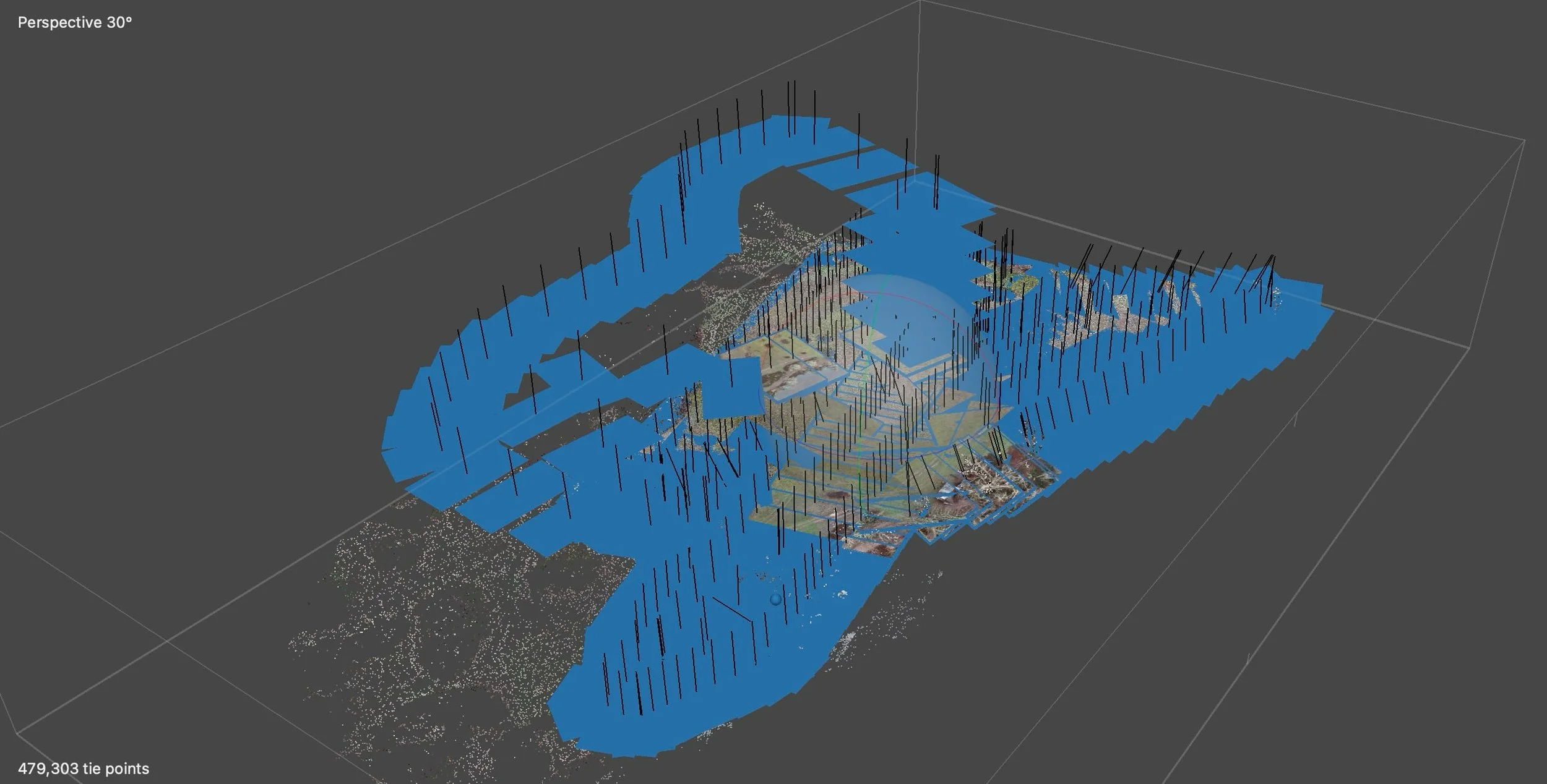 A 3D view of a drone path while taking mapping photos.