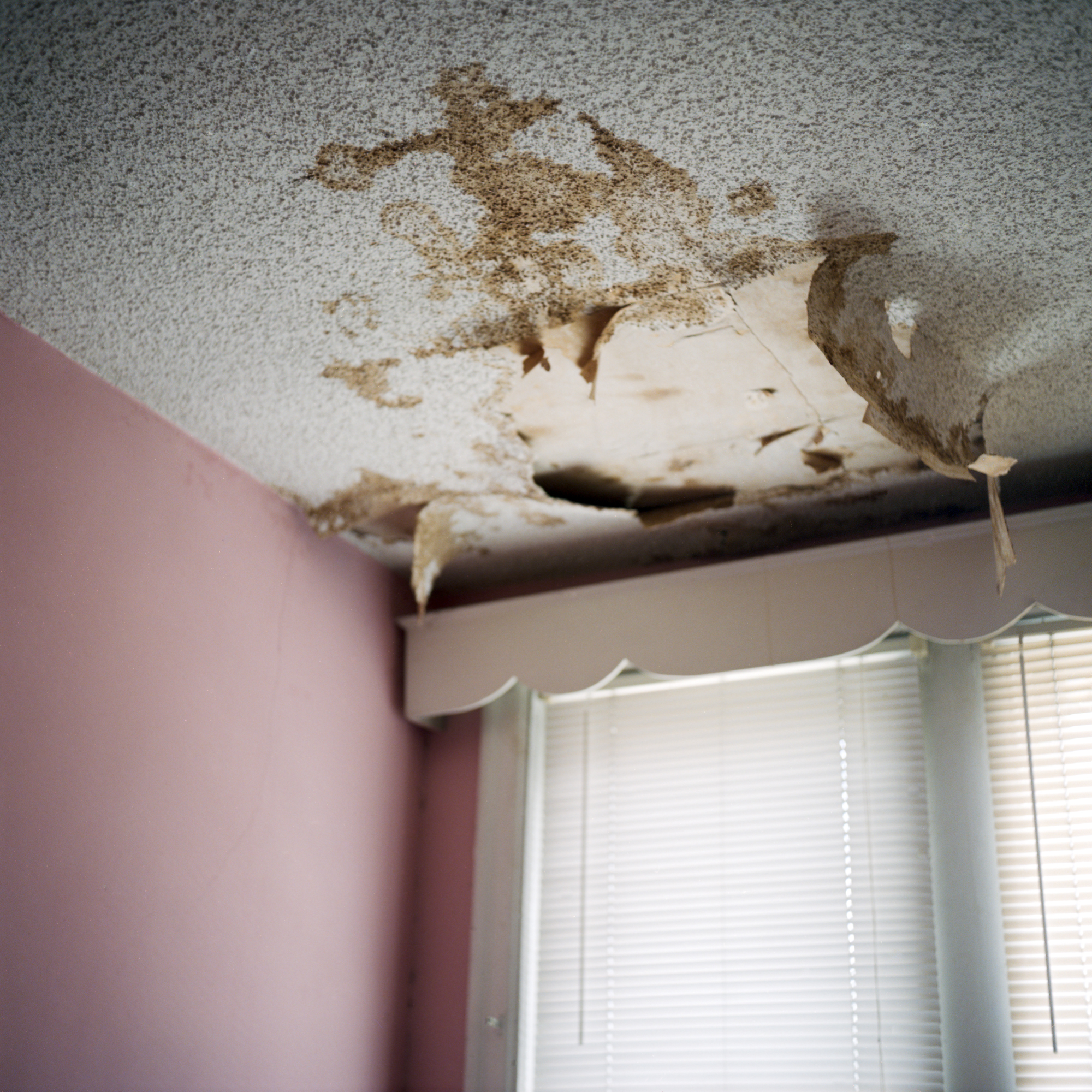 Peeling ceiling in pink room