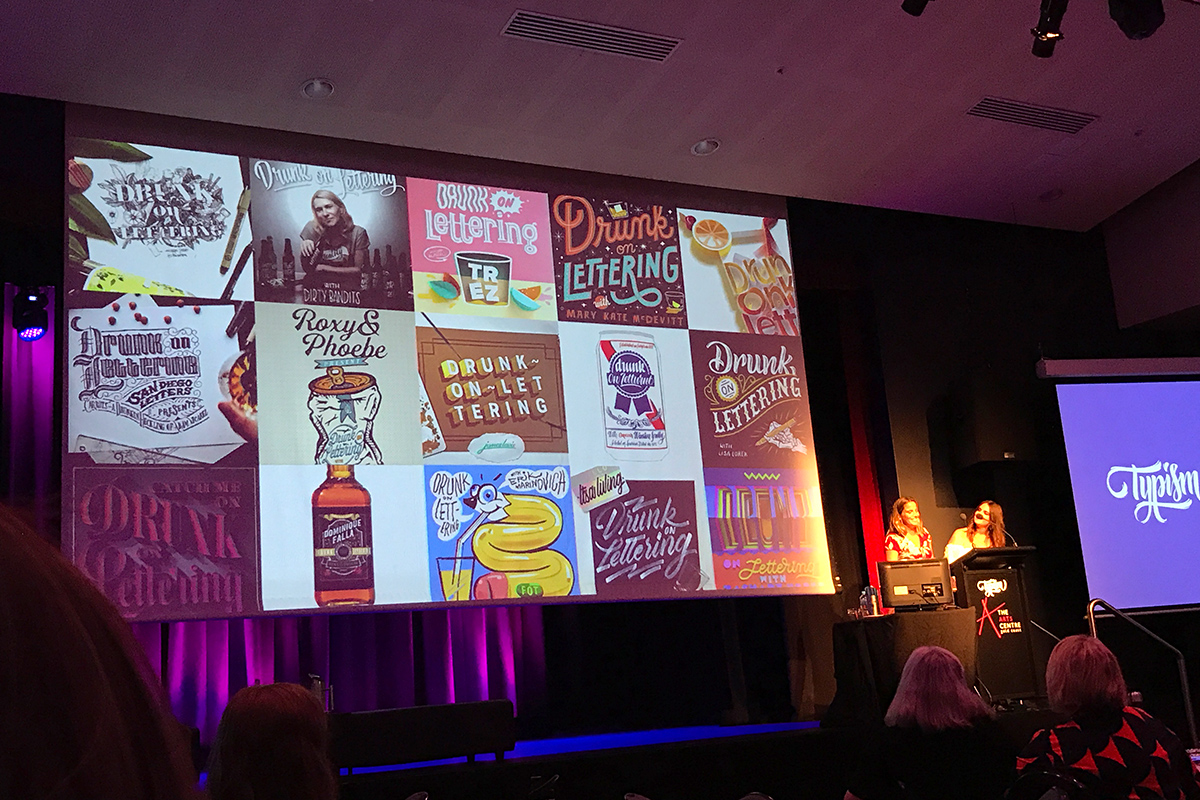 Roxy & Phoebe's presentation included a collection of some of their 'Drunk on Lettering' podcast designs. (Their podcast involves getting a famous lettering artist into their studio to chat about typography while they all have a couple of drinks - have you ever heard of anything cooler!?)
