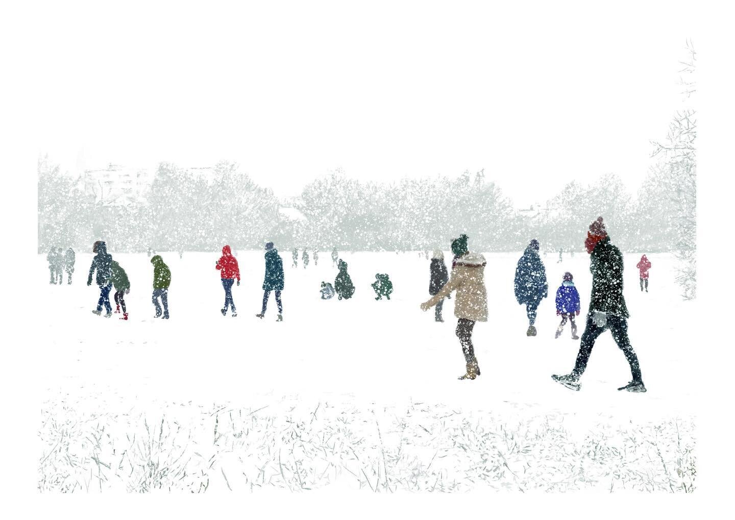 New artwork &lsquo;Snow on Tooting Common&rsquo;. This illustration was inspired by a photo I took when it snowed last year during lockdown. Everyone rushed to the common to enjoy the snow 🤍

Can anyone guess where on the common this is? 
&mdash;&md