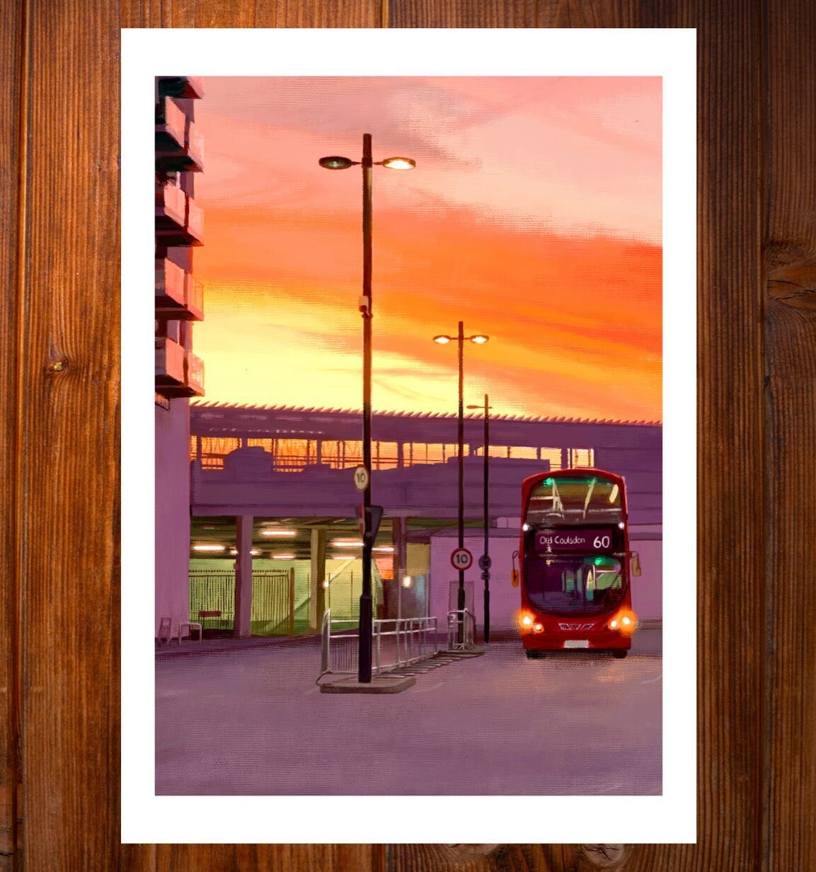 &lsquo;Streatham Bus Stop&rsquo; - New personal work. This one was inspired by a beautiful and very vibrant sunset over Streatham, seen while waiting to take the bus home from the studio. I like the contrast between the sunset sky and the artificial 