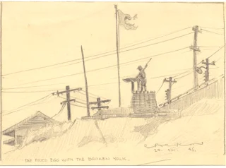 Japanese POW mining camp at Ohama on the main island 1945 Ray Parkin and Charles Edwards were there for the last year of the war. There they saw the Nagasaki bomb mushroom. Petty Officer Ray Parkin drew this at the end of the war, completing it in the weeks he spent waiting to be repatriated.