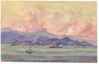 Ray Parkin watercolour. A view from the POW camp in Ohama, 1945.